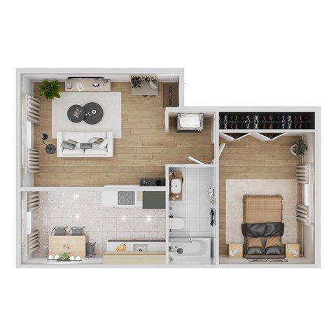 Floor plan for 1 bed, 1 bath, 704 sqft